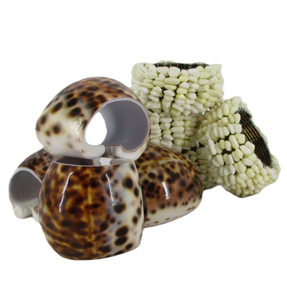 Neutral Ocean Sea Shell Napkin Rings Nautical Pebble Beach 2 Sets of 4 Patio